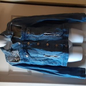 Love revival jean jacket with black floral sheer panels, small